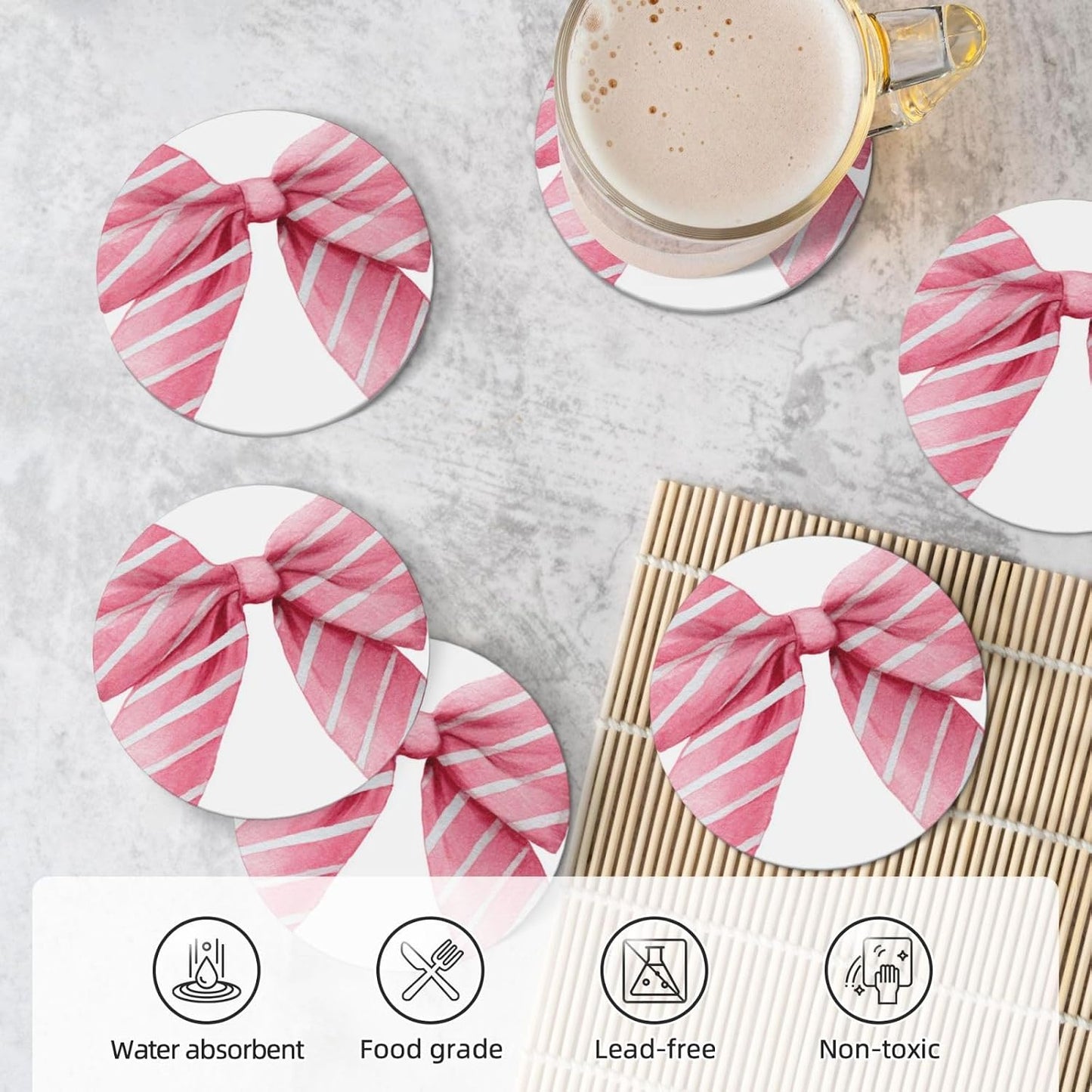 Light Pink Watercolor Bow with White Stripes Ceramic Coasters with Holder Set of 6 Coffee Cup Drink Coasters