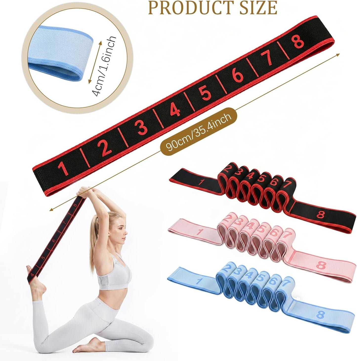 3-Pack Fitness Resistance Band 8-Section Numbered Elastic Resistance Band, Suitable for Pilates, Exercise and Resistance Training, Glute Training, Stretching and Yoga
