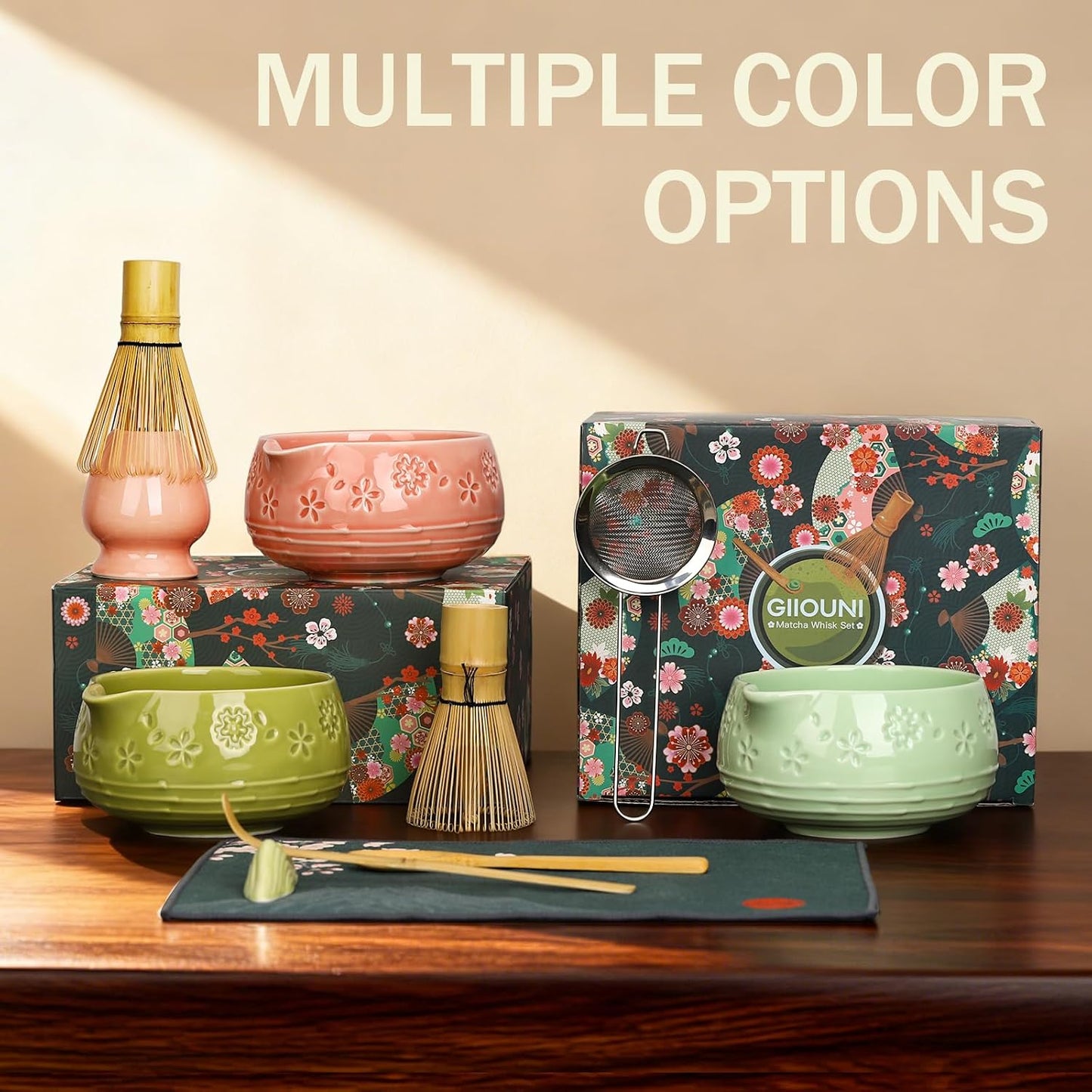 Matcha Whisk Set with 550ml Spouted Ceramic Bowl, 80-Prong Bamboo Chasen, Stainless Steel Sifter, Whisk Holder & Scoop – Complete Japanese Matcha Kit for Beginners, Gift Set for Tea Lovers-Pink
