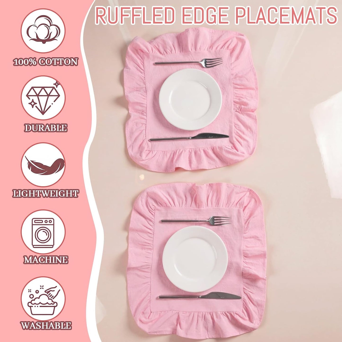 Patelai Set of 6 Pink Ruffle Placemat 16 Inch Light Pink Cotton Fabric Tablemat Farmhouse Rustic Decorative Scalloped Washable Place Mat for Valentines Wedding Holiday Party Kitchen Dining Table Decor