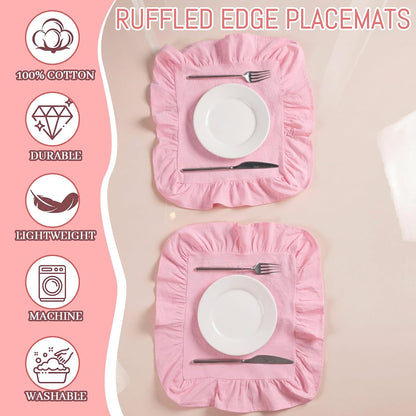 Patelai Set of 6 Pink Ruffle Placemat 16 Inch Light Pink Cotton Fabric Tablemat Farmhouse Rustic Decorative Scalloped Washable Place Mat for Valentines Wedding Holiday Party Kitchen Dining Table Decor