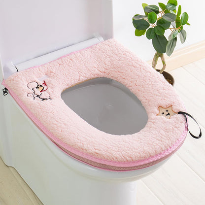 Toilet Seat Warmer Cover & Toilet Lid Cover Pink Fuzzy Toilet Seat Covers for Bathroom with Zipper Handle Plush Thicker Washable