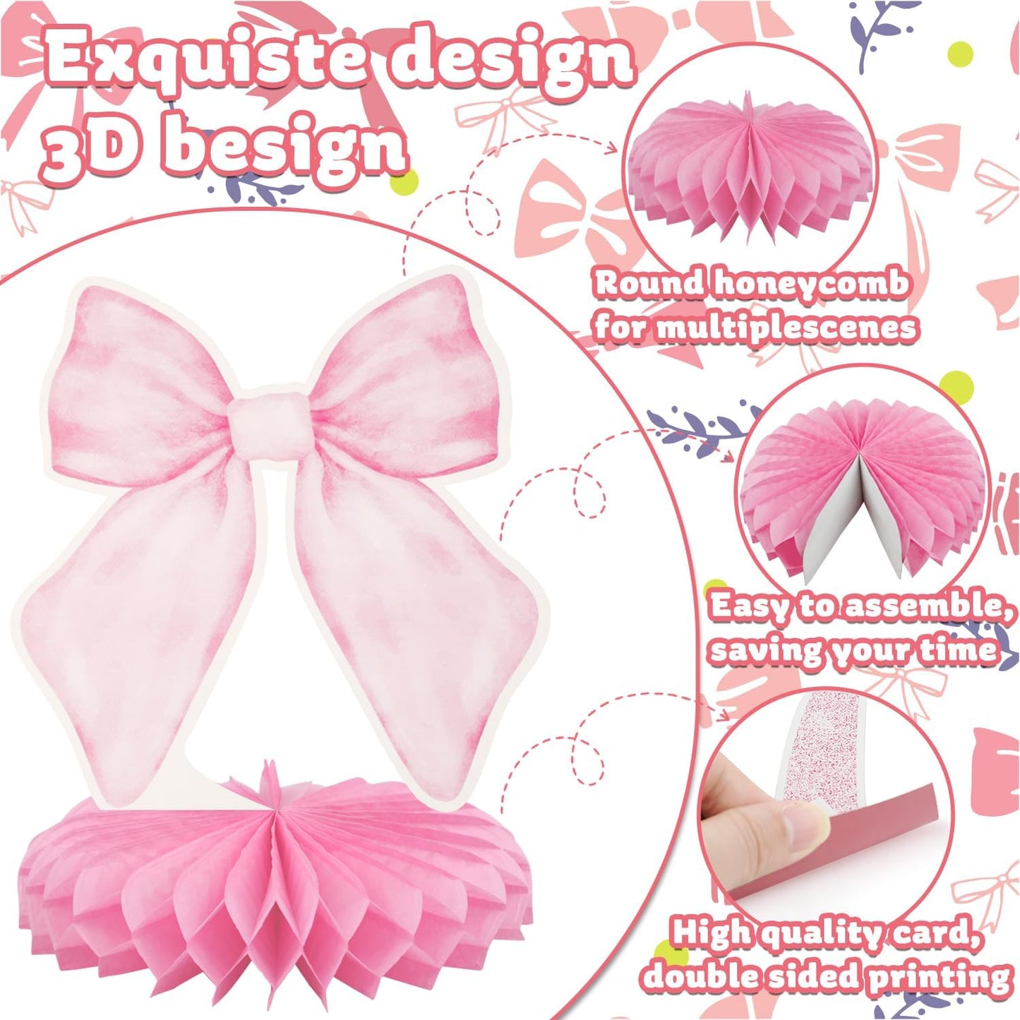 9Pcs Pink Bow Party Honeycomb Centerpieces Decorations, Pink Bow Coquette Birthday Table Decor, 3D Bow Decorations for Birthday Bachelorette Bridal Party