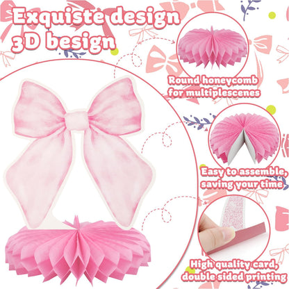 9Pcs Pink Bow Party Honeycomb Centerpieces Decorations, Pink Bow Coquette Birthday Table Decor, 3D Bow Decorations for Birthday Bachelorette Bridal Party