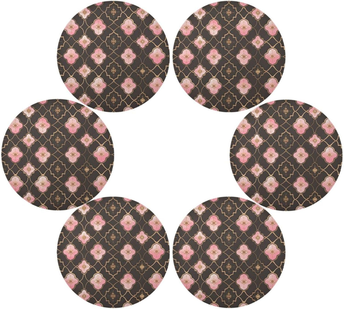 Quatrefoil Pattern Peach Gold Burlap Round placemats Dinner Waterproof 6 Piecing placemat Set 15.4x15.4in