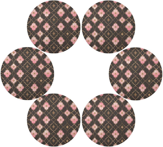 Quatrefoil Pattern Peach Gold Burlap Round placemats Dinner Waterproof 6 Piecing placemat Set 15.4x15.4in