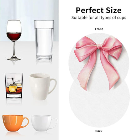 Watercolor Light Pastel Pink Ribbon Bow Drinks Coasters Set of 4 Leather Drink Coasters for Tabletop Protection Heat Resistant Bar Cup Mat Pad