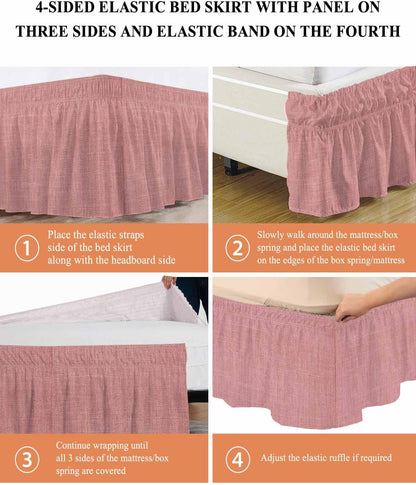 Bed Skirt Peach Pink Linen Bedskirt 16 Inch Drop Farmhouse Pure Color Adjustable Elastic Wrap Around Bed Skirts Dust Ruffle for Queen Size Bed Frame Cover