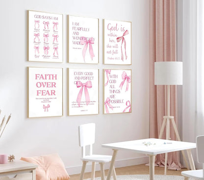 6Pcs Pink Christian Wall Art Inspirational Verse Posters Print Cute Coquette Bow Canvas Pictures for Girls Room Dorm Bathroom Bedroom Wall Decor 8x10In Unframed