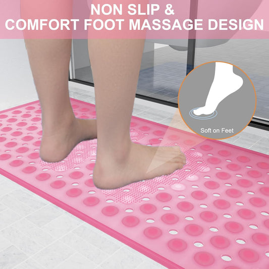 Bathroom Tub Mat Non Slip 35.4'' x 15.7'', Non Slip Bath Mat for Shower, Drain Holes Keep Bathtub Clean, Machine Washable Soft Silicone, Comfortable Underfoot Design for Shower, Clear Pink