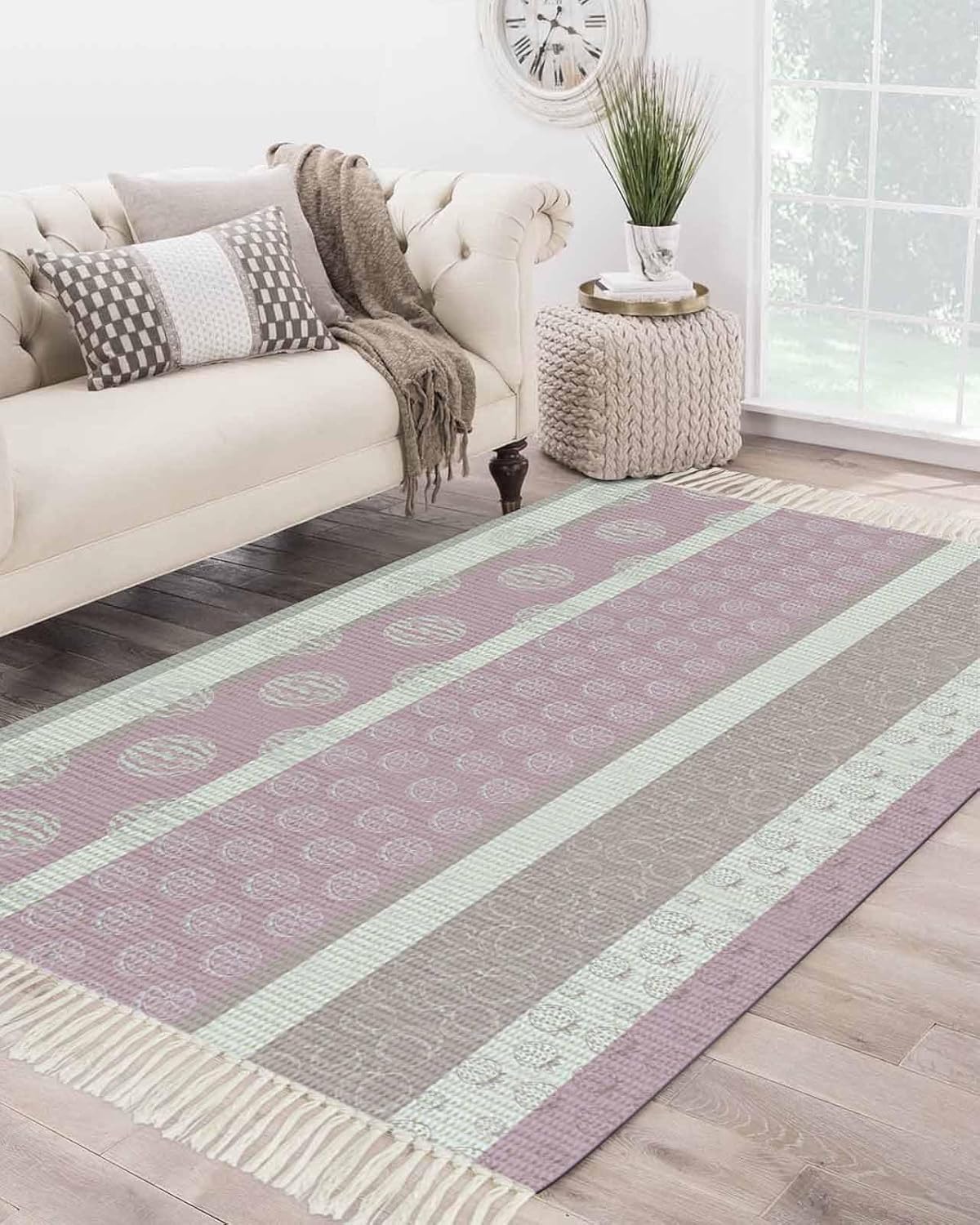 Bedroom Rug 3'x 5', Farm Fruits Washable Floor Carpet with Tassels, Watermelon Lemons Peach Pink Grey Striped Elegant Soft Carpet Floor Mat for Patio, Balcony, Laundry, Room Decor