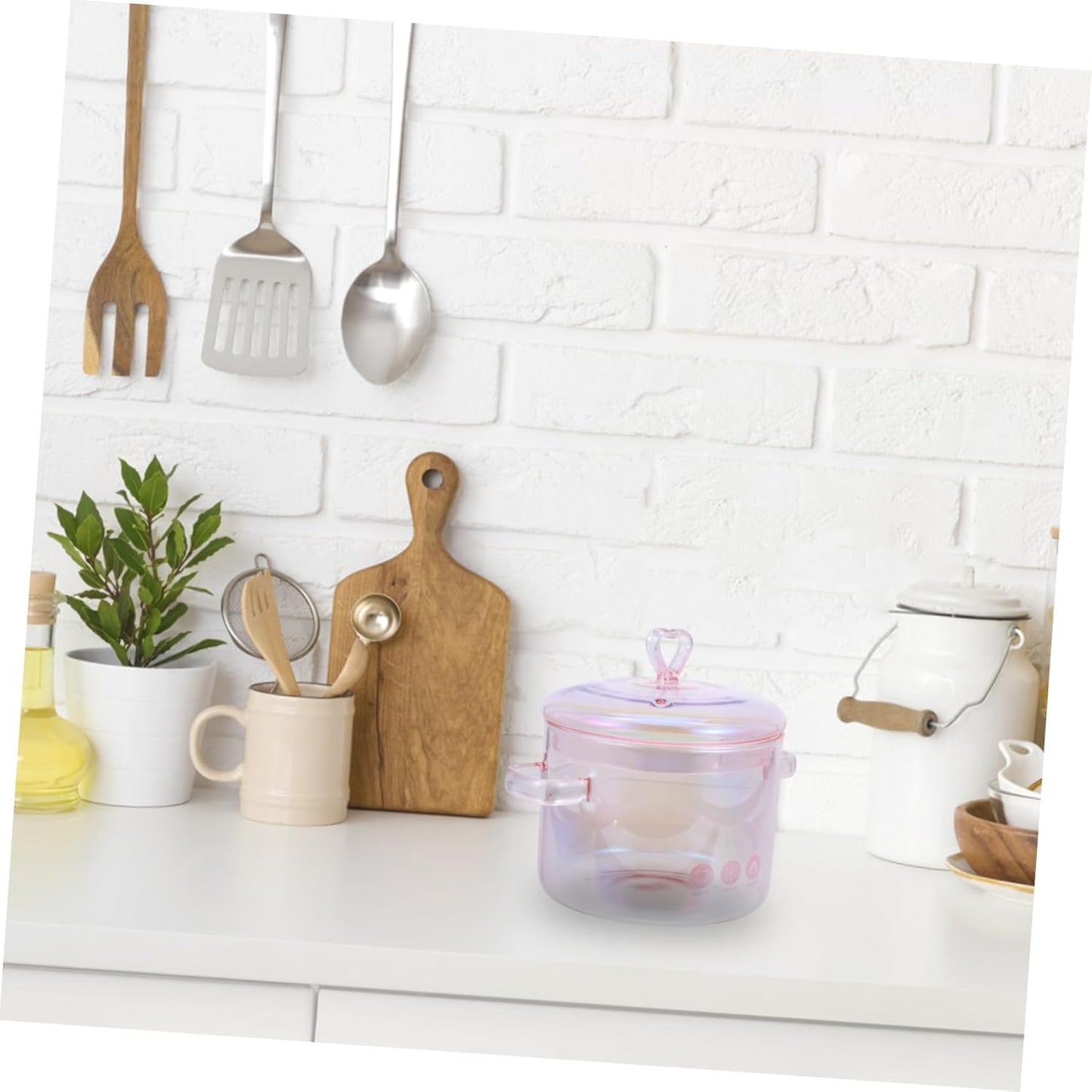 Pink Glass Saucepan with Cover,50oz/ 1500ml Double-handle Stew Pot with Lid Heat-resistant Glass Soup Pot for Home Cooking