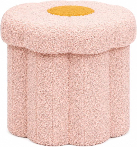 Flower Boucle Storage Ottoman, 12.6" Small Footstool with Padded Seat, Folding Sherpa Foot Rest for Sofa, Floral Accent Side Table for Living Room, Bedroom, Dorm, Pink
