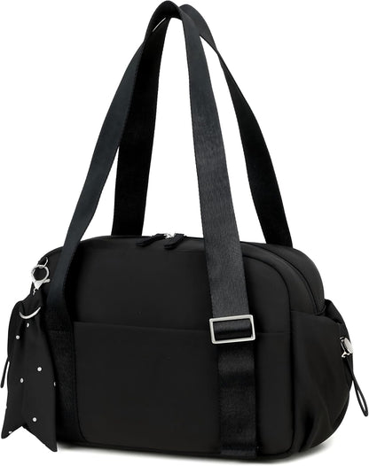 LOIDOU Small Gym Bag for Women, Mini Sports Duffel Bag with Wet Compartment, Pink Bow Pattern, Cute Workout Yoga Dance Tote (Black)