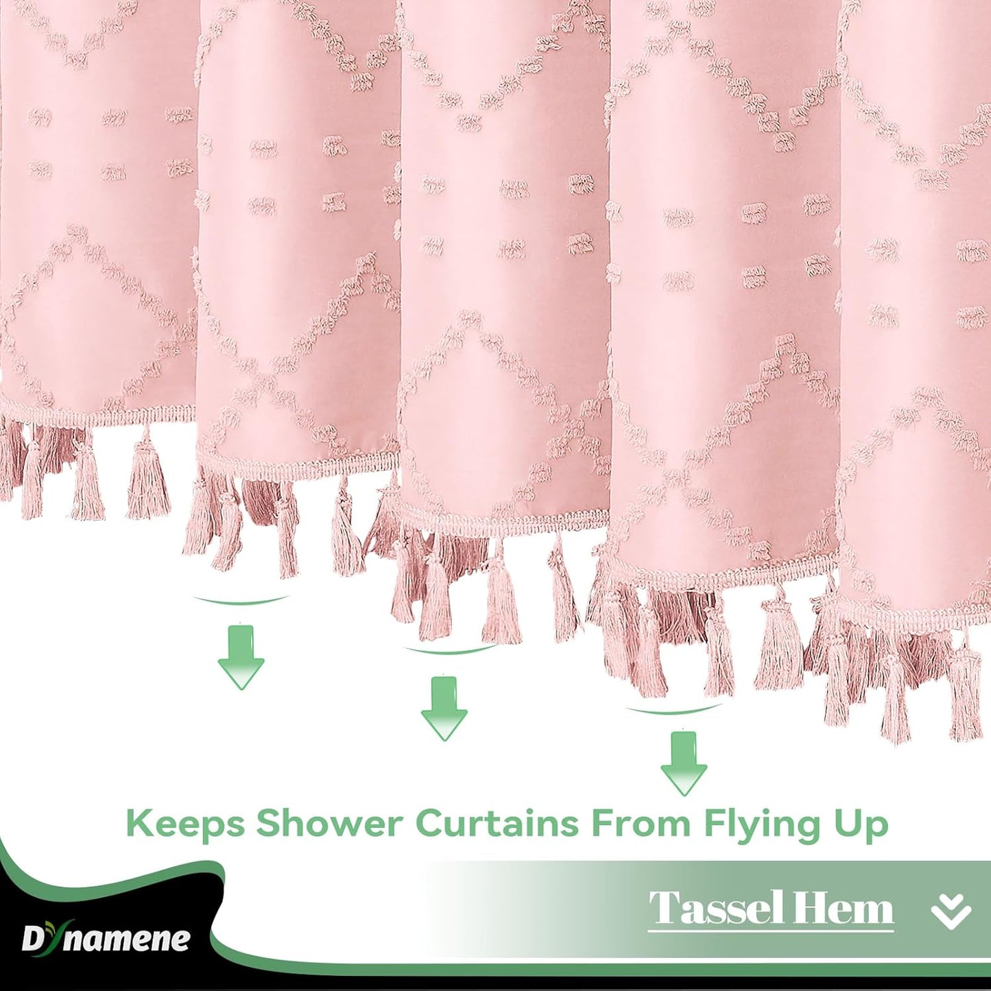 Dynamene Pink Fabric Shower Curtain, Boho Tufted Geometric Striped Tassel Shower Curtain for Bathroom, Shabby Chic Textured Modern Farmhouse Waterproof Cloth Shower Curtain Set, Wrinkle Free, 72x72