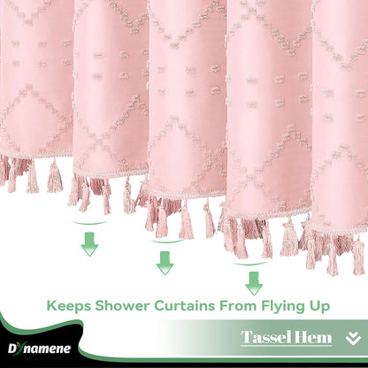 Dynamene Pink Fabric Shower Curtain, Boho Tufted Geometric Striped Tassel Shower Curtain for Bathroom, Shabby Chic Textured Modern Farmhouse Waterproof Cloth Shower Curtain Set, Wrinkle Free, 72x72