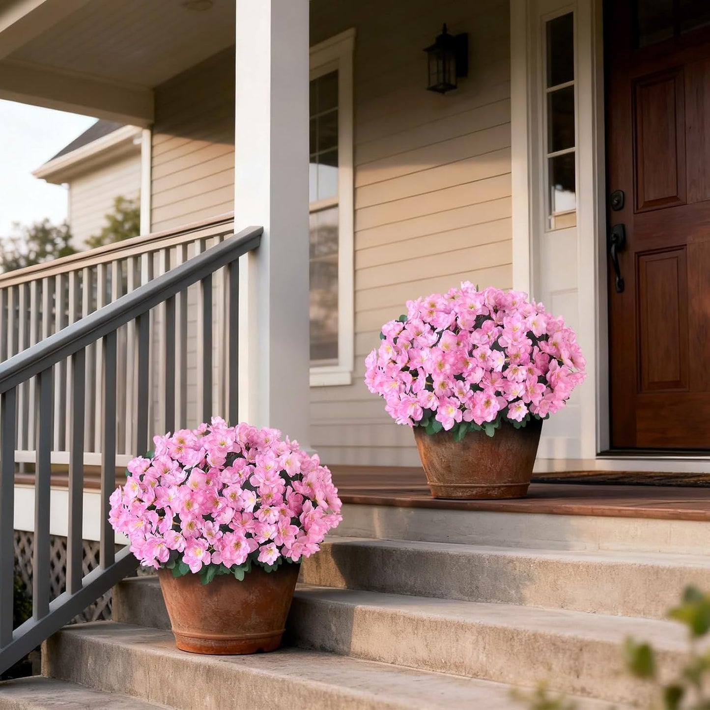 YXZZWL Set of 2 Artificial Azalea Flower Topiary Trees - Fake Silk Flower Potted Plants, Sun-Resistant Faux Outdoor Azalea Bushes for Front Door, Garden, Yard, Farmhouse Decor (Pink)