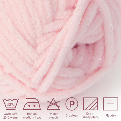 Franel Sparkle Chenille Yarn for Crocheting, #6 Super Bulky Sparkly Velvet Yarn, Starry Shimmer Soft Plush Yarn for Amigurumi, Baby Blankets & DIY Crafts, 100g/74Yds Each Skein (Light Pink, 3 Pack)