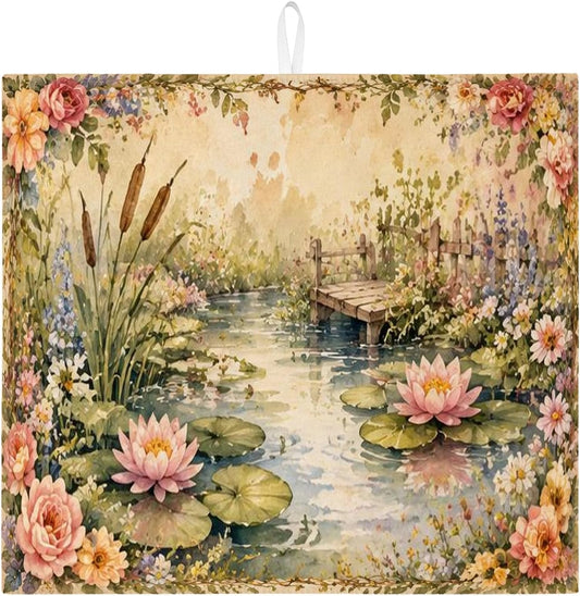Floral Dish Drying Mats for Kitchen Counter, Peach Vintage Absorbent Dish Drainer Mat, Spring Garden Microfiber Drying Pad for Coffee Bar Protector 16x18 Inch