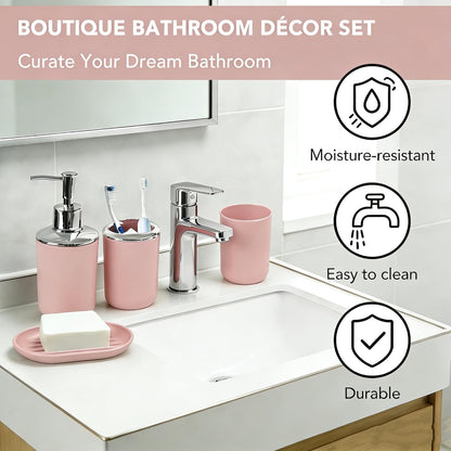 Matte Pink Bathroom Accessories Set, 4 Piece Plastic Bathroom Toothbrush Holder Set, Include Soap Dispenser, Toothbrush Holder, Rinse Cup, Soap Dish, Boho Pink Bathroom Decor for Home, Bathroom Set