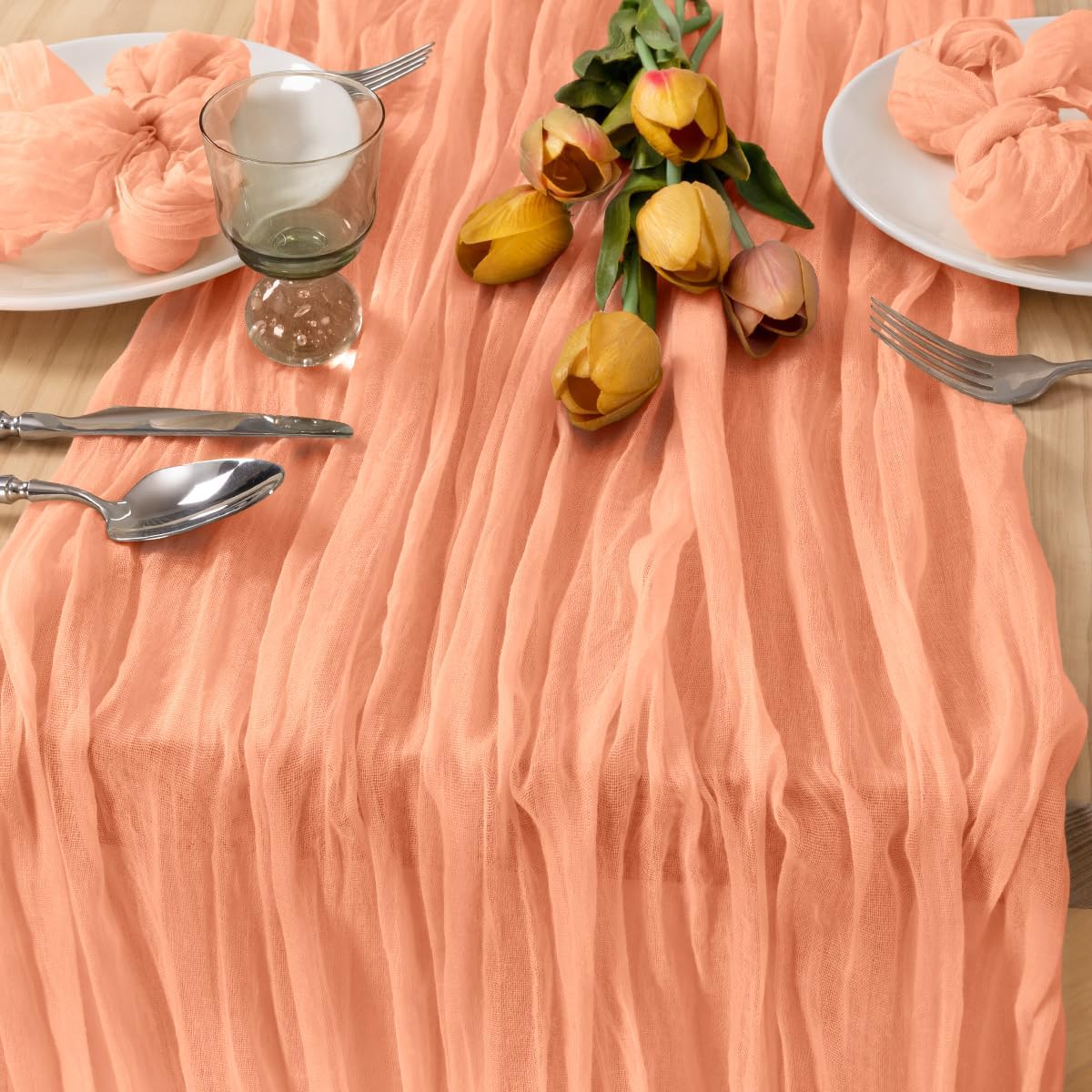 MLMC 3 Pack Peach Cheesecloth Table Runner 10ft Summer Rustic Gauze Cheese Cloth Table Runner 35x120 Inches for Wedding Bridal Baby Shower Party Decor