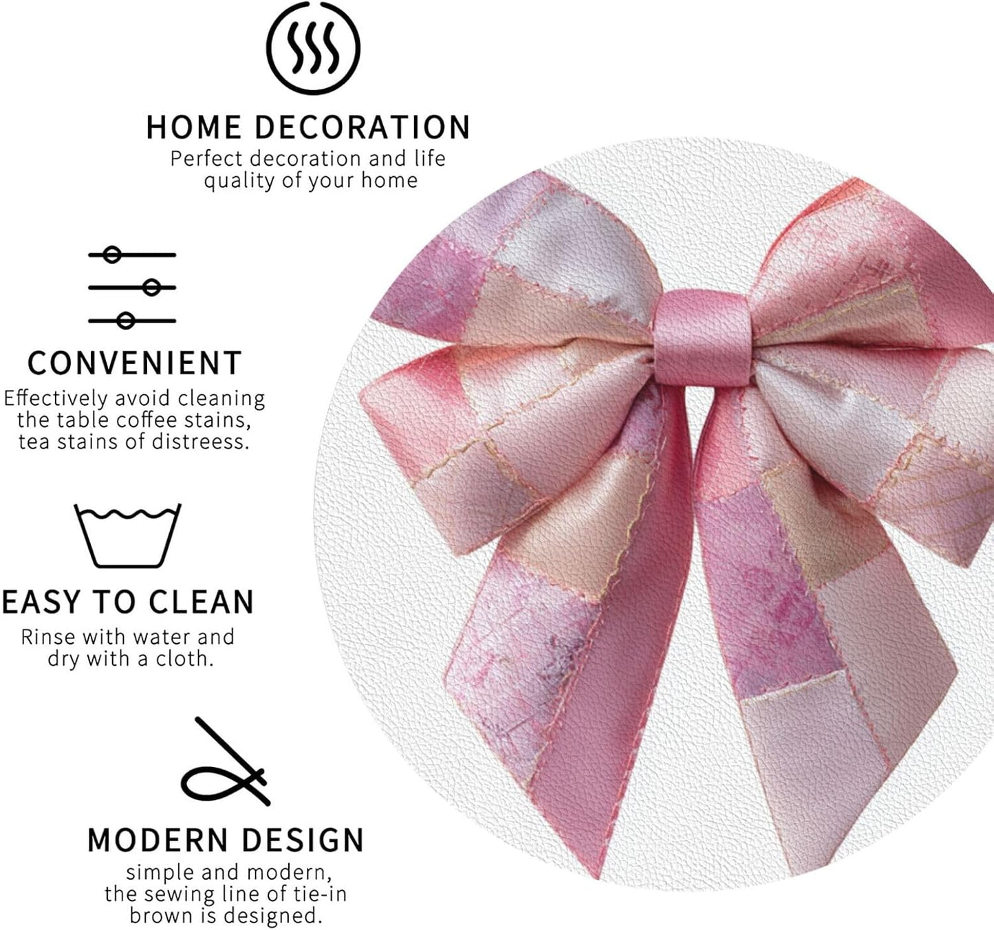 Light Pink Bow Balloon Patchwork Embroidery Drinks Coasters Set of 4 Leather Drink Coasters for Tabletop Protection Heat Resistant Bar Cup Mat Pad