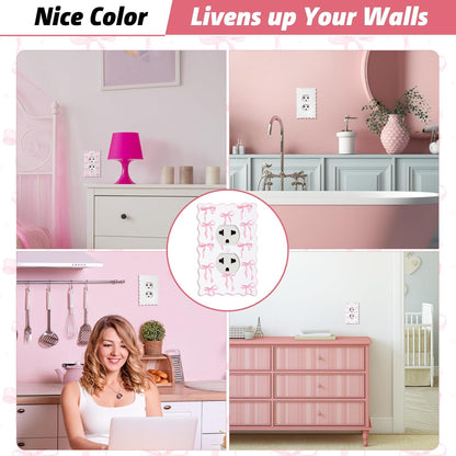 Relaxweex 4 Pcs Pink Bow Light Switch Cute Cover Outlet Covers Pink and White Switch Wall Plate Metal Toggle Electric Outlet Cover for Room Bedroom Home Decor (Round Hole)