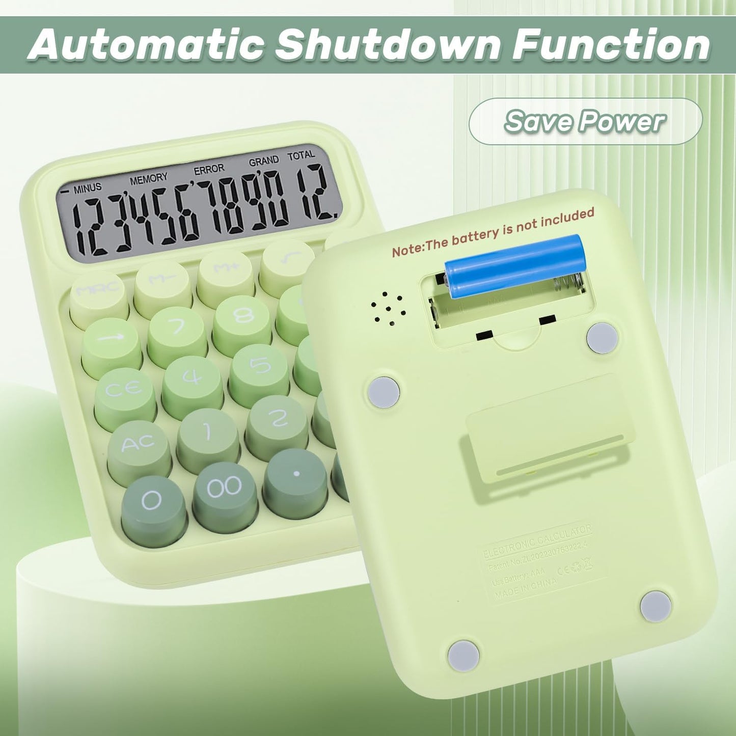 Mechanical Switch Calculator with Big Buttons, 12 Digits, Large LCD Display, Cute Pink Desktop Calculator, Aesthetic School Supplies for Office, School, Home & Business Use, Automatic Sleep (Green)