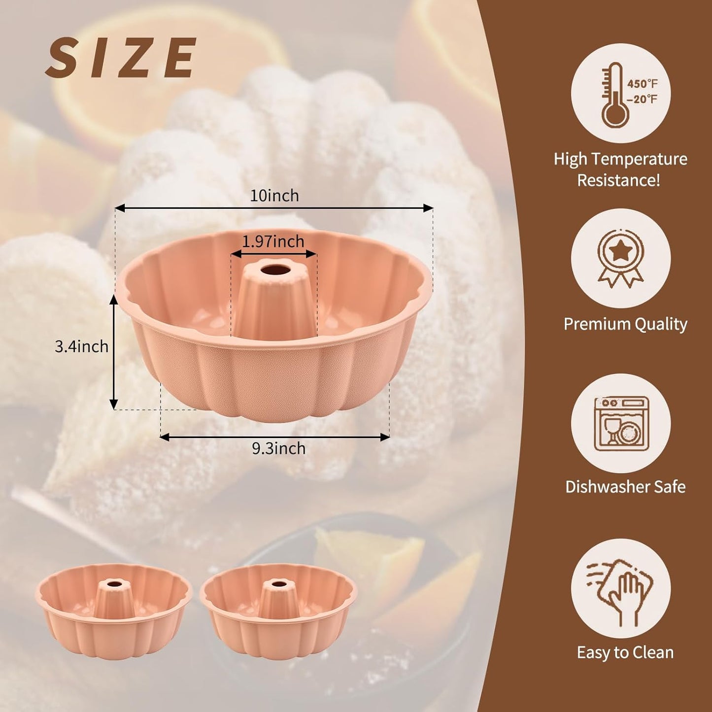 PADELE 2 Pack Silicone Cake Pan Nonstick,10 Inch, Silicone Cake Molds,Pound Cake Pan, Baking Cake Pan for Jello,Gelatin,Cake,Brownie and Bread（Pink+Pink）