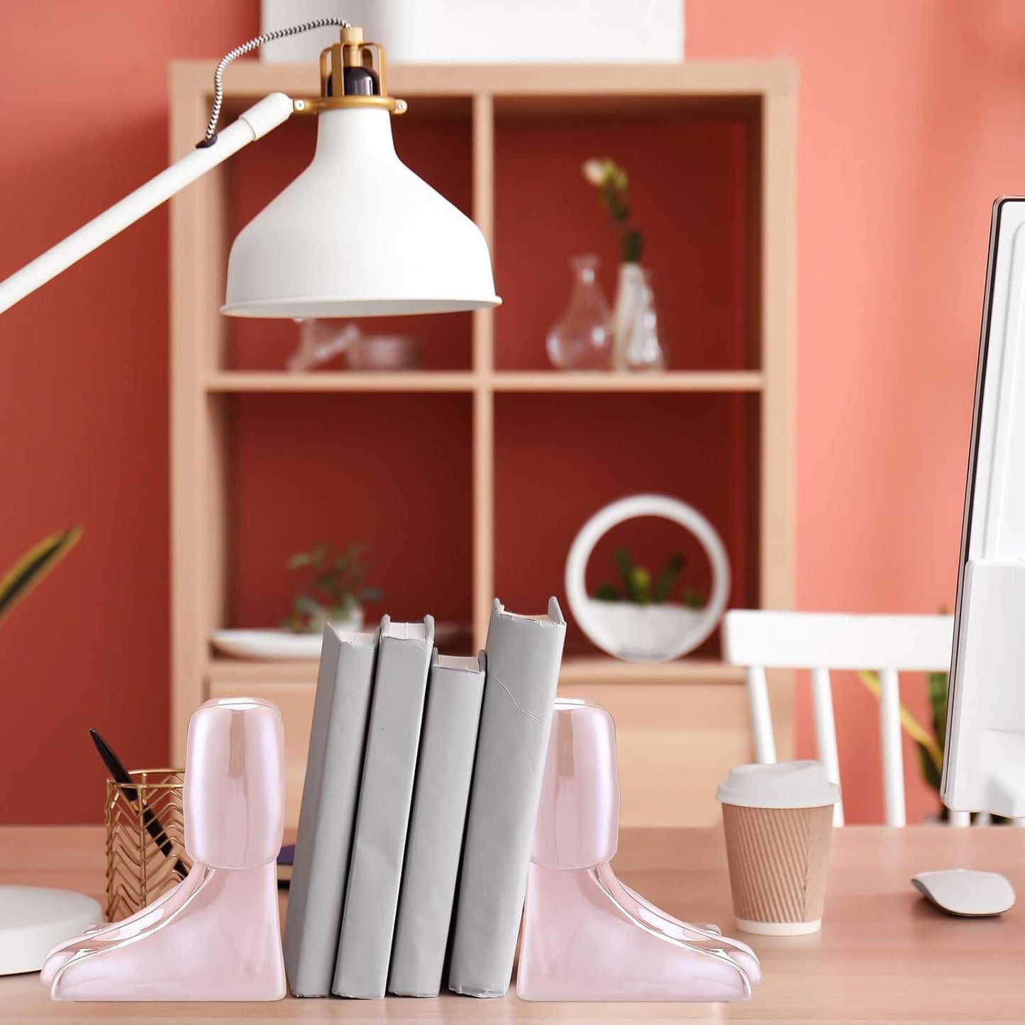 Leinuosen 2 Pcs Pink Bow Bookends Ceramic Cute Book Ends Decorative Book Stand Bow Sculpture Statues Tabletop Shelf Ornament Room Decor for Home Office School Dorm Girl Desk