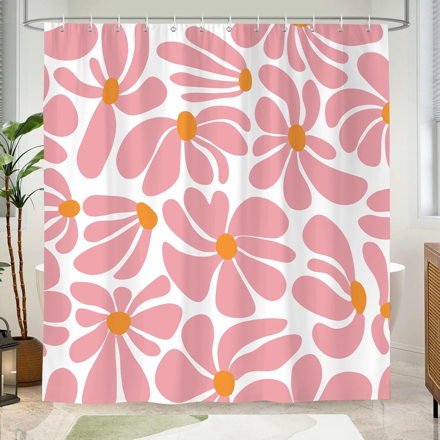 Pink Shower Curtain Set, Abstract Floral Bath Curtain, 72x72 Inches Waterproof Polyester Fabric, Durable Bathroom Decor with Hooks