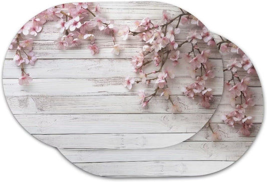 Placemats Set of 2 PU Leather Oval Design Flexible Kitchen Table Mats Wipeable Washable Table Decoration for Kitchen Dining Room Party Indoor Outdoor, Peach Blossom Wood Grain White Pink