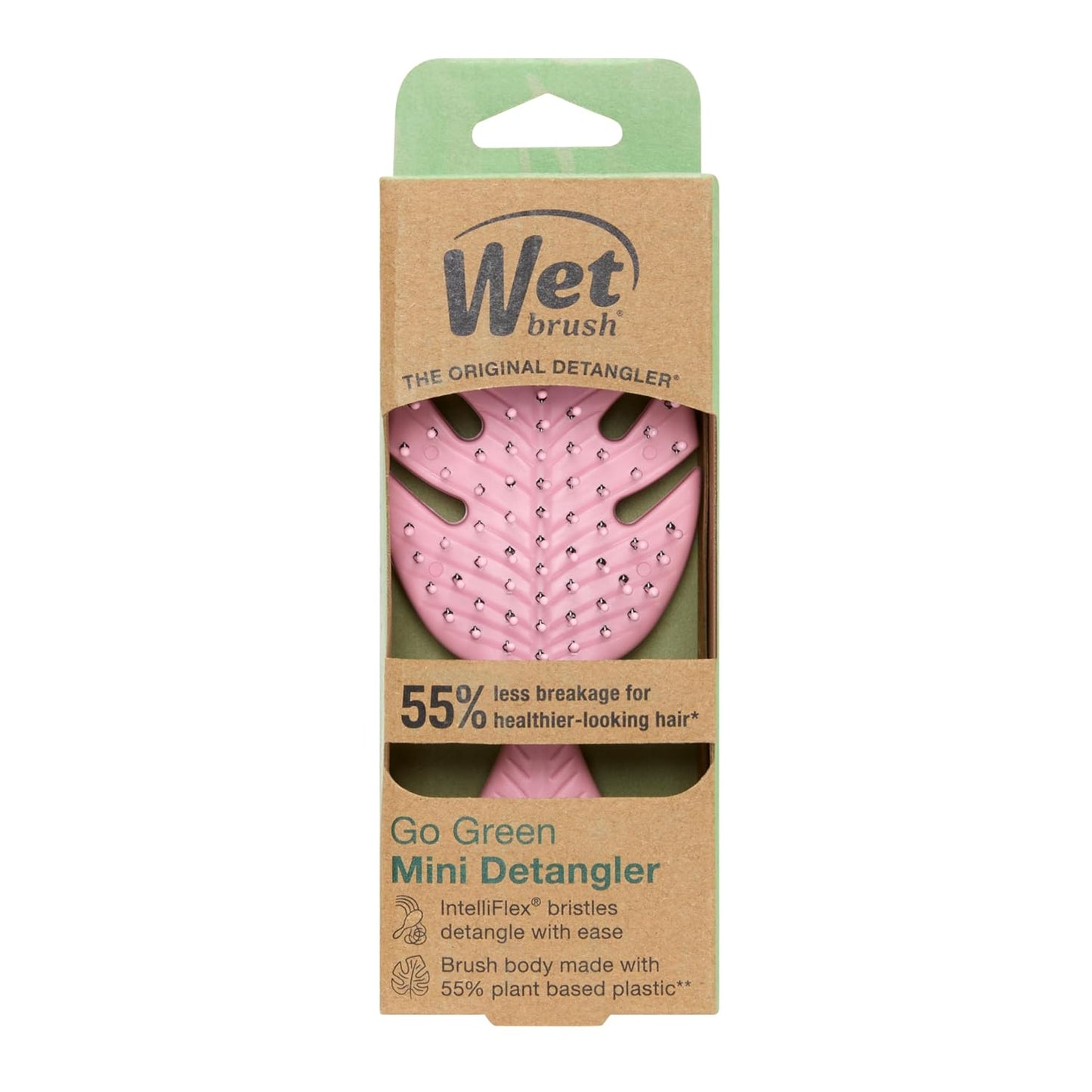 Wet Brush Go Green Mini Detangler, Pink - Detangling Travel Hair Brush - Ultra-Soft IntelliFlex Bristles Glide Through Tangles & Gently Loosens Knots While Minimizing Pain, Split Ends & Breakage