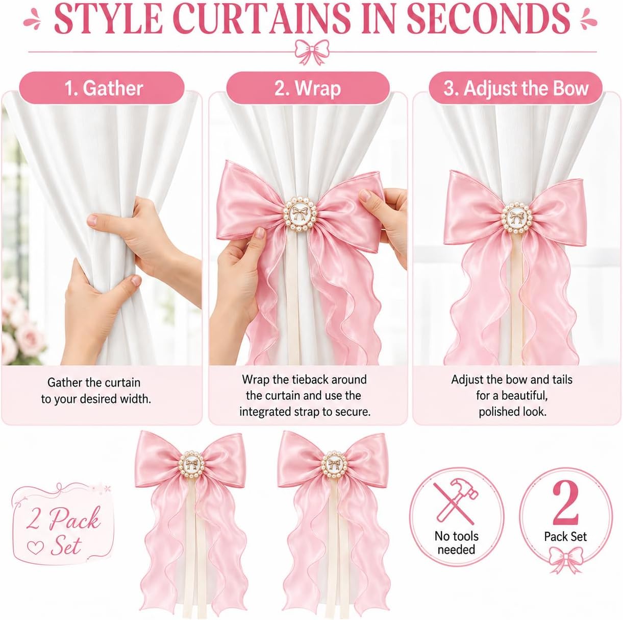 2 Pack Pink Bow Curtain Tiebacks - Decorative Satin Curtain Holdbacks for Girls Room Decor, Cute Curtains Accessories for Nursery Decor, Princess Bedroom & Pink Aesthetic Room