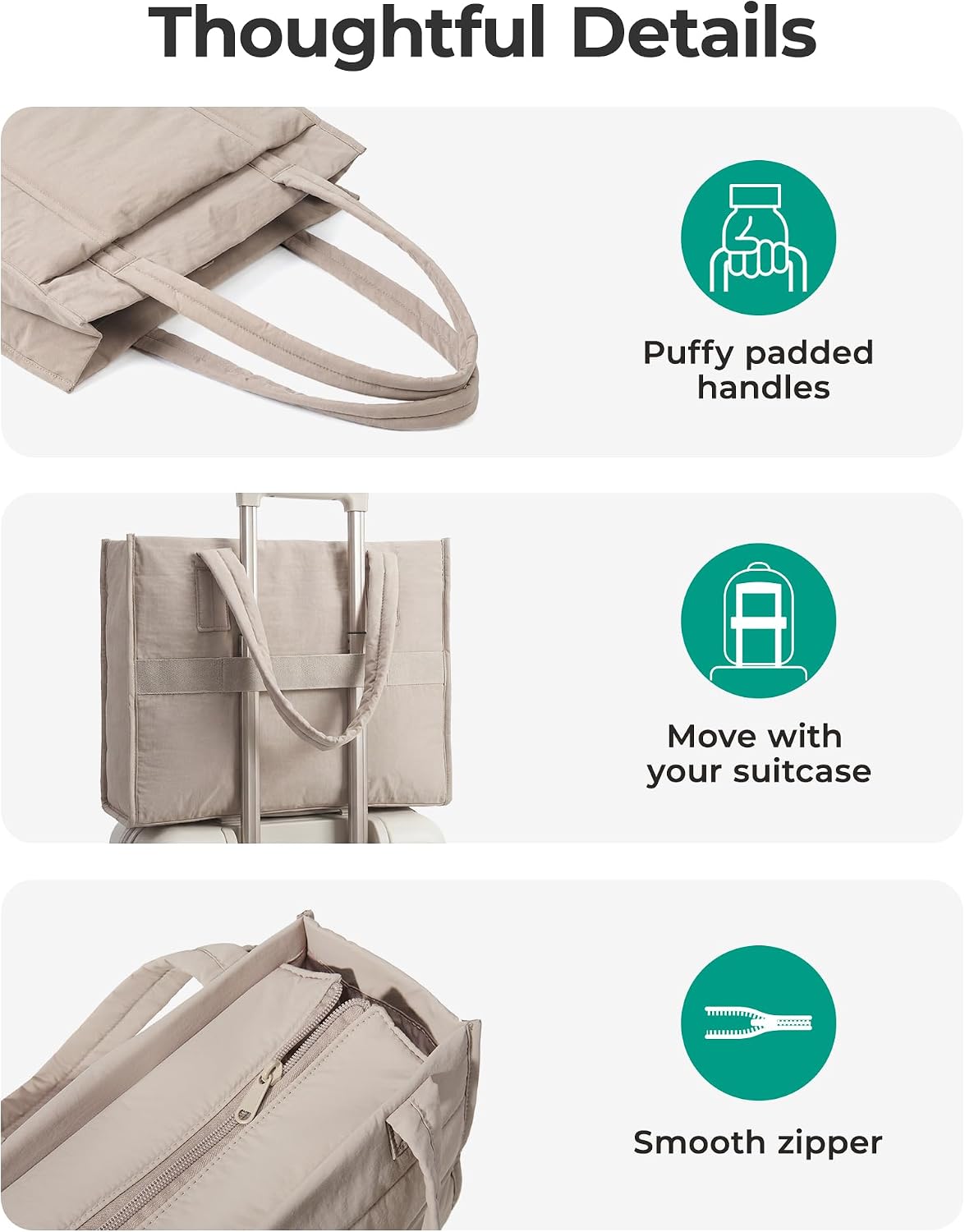 BAGSMART Tote Bag for Women, 2Pc Puffy Tote Bag Set with Zipper, Quilted Large Work Teacher Bag for Travel