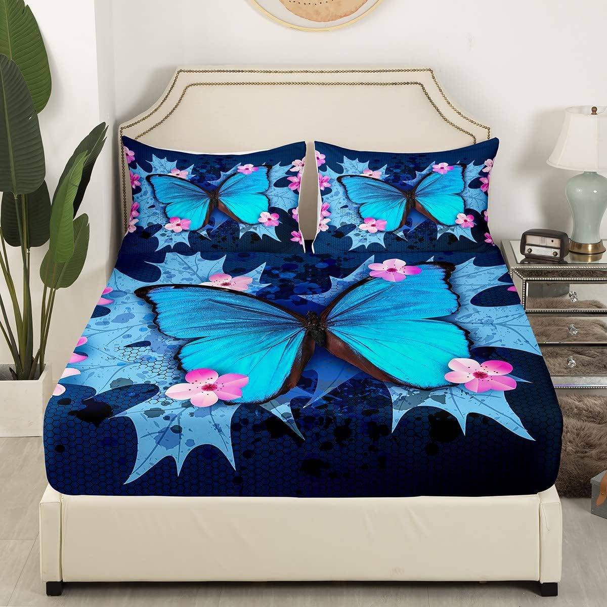 Erosebridal Dreamy Butterfly Bed Sheets Twin,Leaves Sheet Set Pink Peach Blossom Fitted Sheet Honeycomb Backdrop,Floral Leaf Top Sheet Aesthetic Animal Flying Butterflies Room Decor