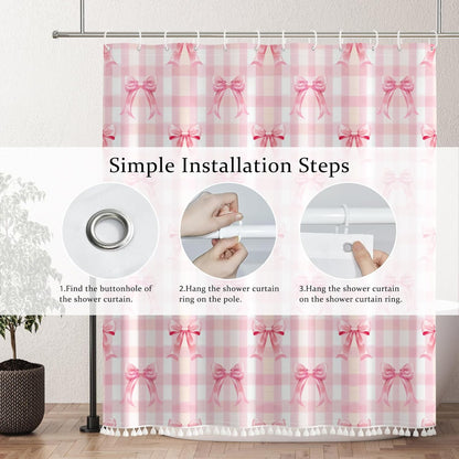 AOFOTO Pink Bow Shower Curtain with Tassels, Pink Buffalo Plaid Bath Curtain Accessories Set with Hooks Cute Aesthetic Art Girly Bathroom Tassel Shower Curtains for Women Girl Home Decor 72x72 Inch