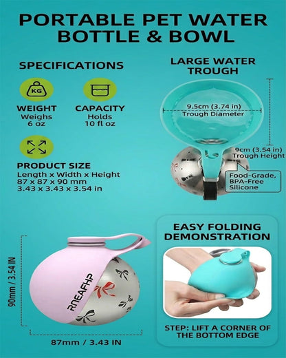 Dog Water Bottle with Bowl 2-in-1 Portable Leak Proof 10 OZ Puppy Travel Drink Dispenser for Large Medium Small Breeds Stainless Steel Hydration Tumbler Buddy Cup for Dogs Pets Outdoor(Pink A)