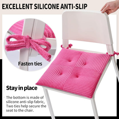 Office Stacking Chair Cushion with Ties, Corduroy High Density Foam Non-Slip Kitchen Seat Cushion, Square 17" x 17" Indoor Dining Chair Pads, Pink, 1 PCS