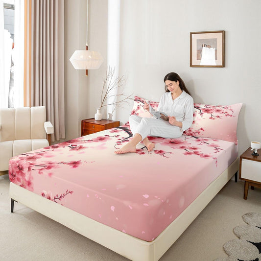 Cherry Bloosom Fitted Sheet Queen Size 3 Pcs,Pink Peach Blossom Bedding Set for Girls Women Adults,Wild Watercolor Flowers Romantic Bed Cover with 2 Pillowcases(No Top Sheet)