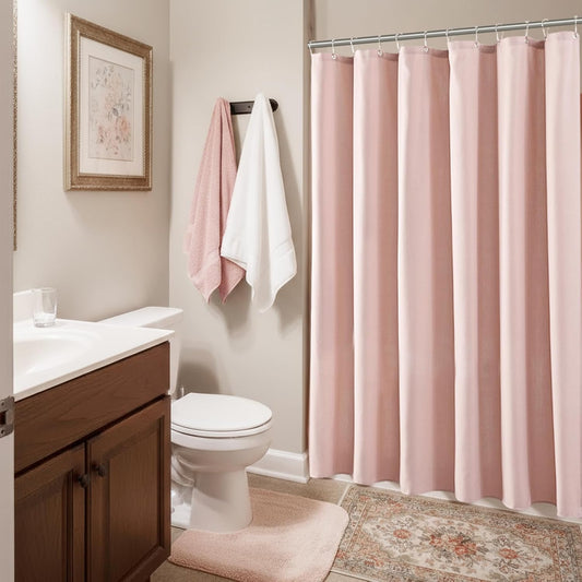 Extra Long Pink Linen Shower Curtain, Heavy Duty Fabric Shower Curtain for Girl's Room Partition, 84 Inches Luxury Hotel Spa Quality Weighted Bath Curtain Set with 12 Plastic Hooks, 72x84 Blush Pink