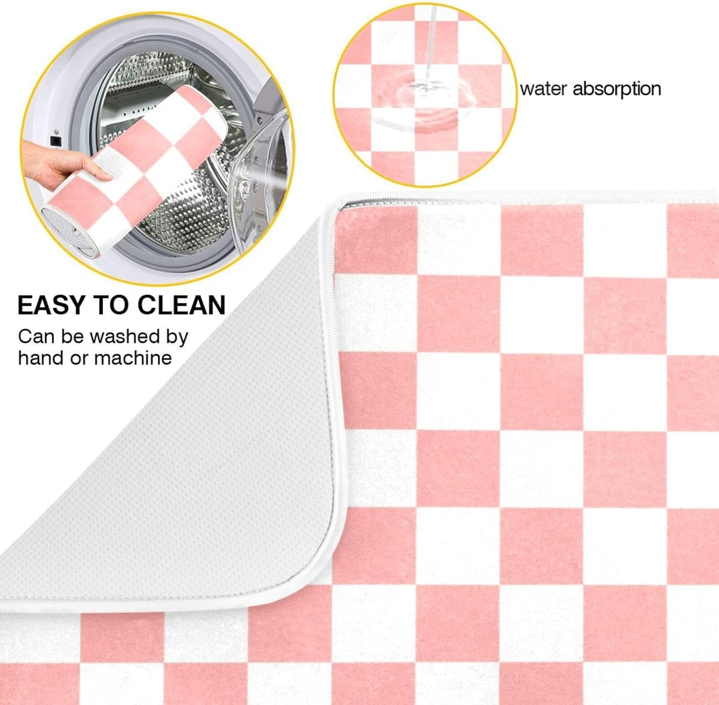 White Pink Checkered Pattern Dish Drying Mat for Kitchen Counter Absorbent Reversible Microfiber Drying Pad Countertop Drainer Mats, Small 16 x 18 inch