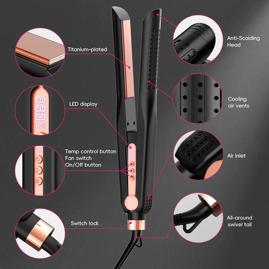 SKIMI Airflow Styler 2.0 Titanium Flat Iron Hair Straightener & Curling Wand, 96 Cool Air Vents for 48H Lasting Style, Dual Voltage for Travel & Home, Anti-Tangle, 5 Temps (Black & Gold Pink).