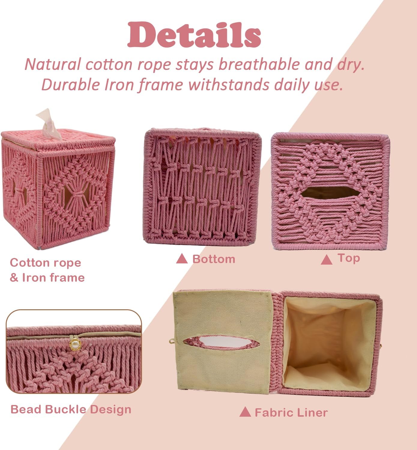 Handwoven Macrame Tissue Box Cover Boho Square Cute, Decorative Holder for Bathroom, Bedroom, Office with Flip-Top Lid & Closed-Bottom Design, 5.5"x5.5"x6" (Pink)