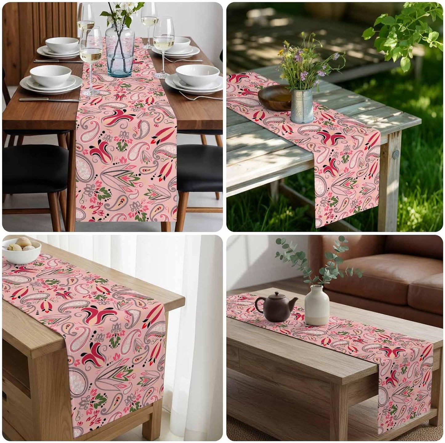 Vintage Baroque Style Floral Table Runners 13x72 Inches Long Linen Burlap Table Runner, Abstract Pink Paisley Flowers Tablerunners Dresser Scarf for Kitchen Dining Holiday Party Wedding Gathering