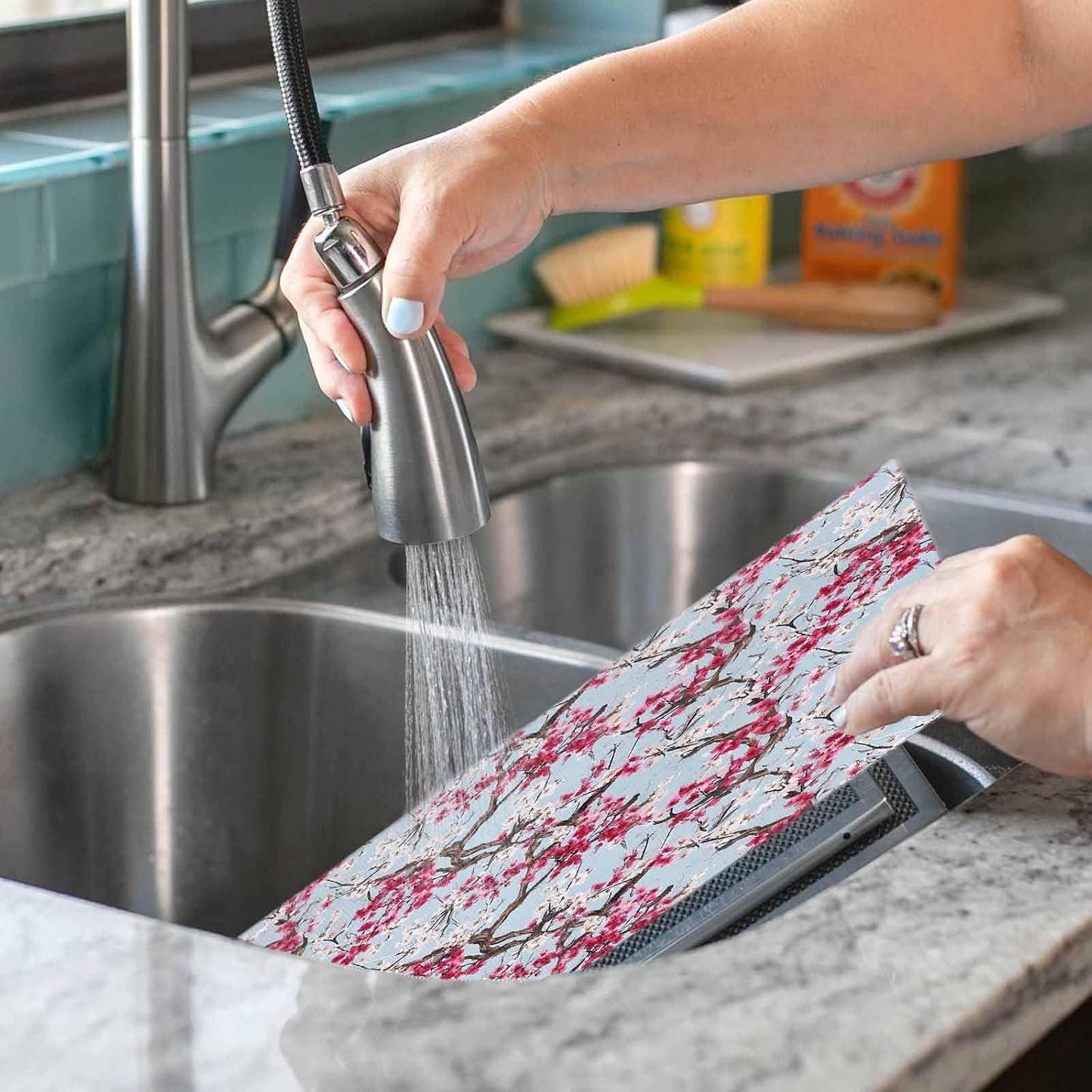 Spring Flowers Placemats Set of 4, Washable PVC Kitchen Table Mats Place Mats, Chinese Pink Peach Blossoms Branches Woven Vinyl Placemat for Dining Table, 13" x 19"