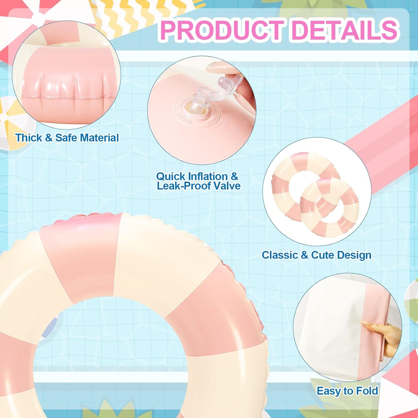 Whaline 5Pcs Inflatable Swimming Floats Classic Striped Swim Rings PVC Swim Pool Tube for Teens Summer Beach Bachelorette Party (Pink)