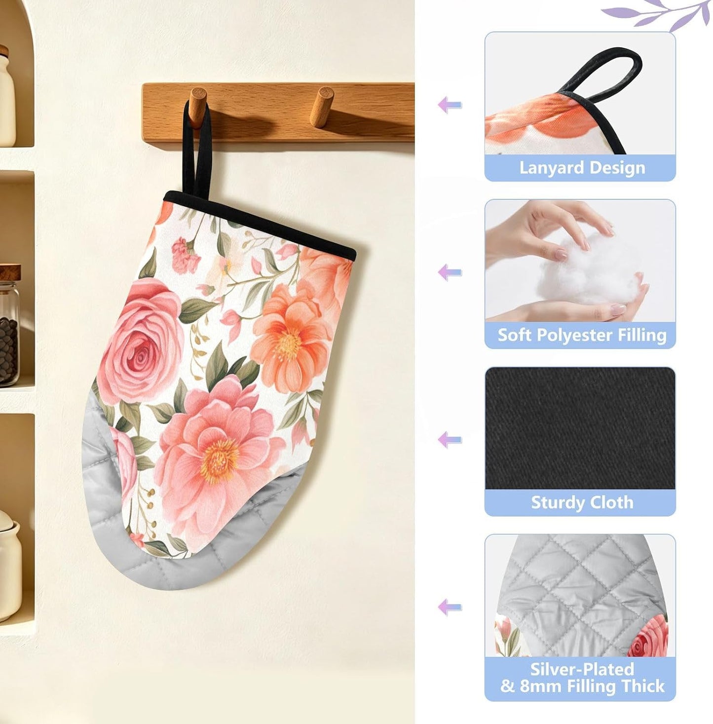 Pink Flower Heat Resistant Oven Mitts 2-Pack – Mini Short Quilted Cotton Kitchen Gloves with Non-Slip Grip, Thick Insulated Pot Holders for Baking, Cooking & Microwave