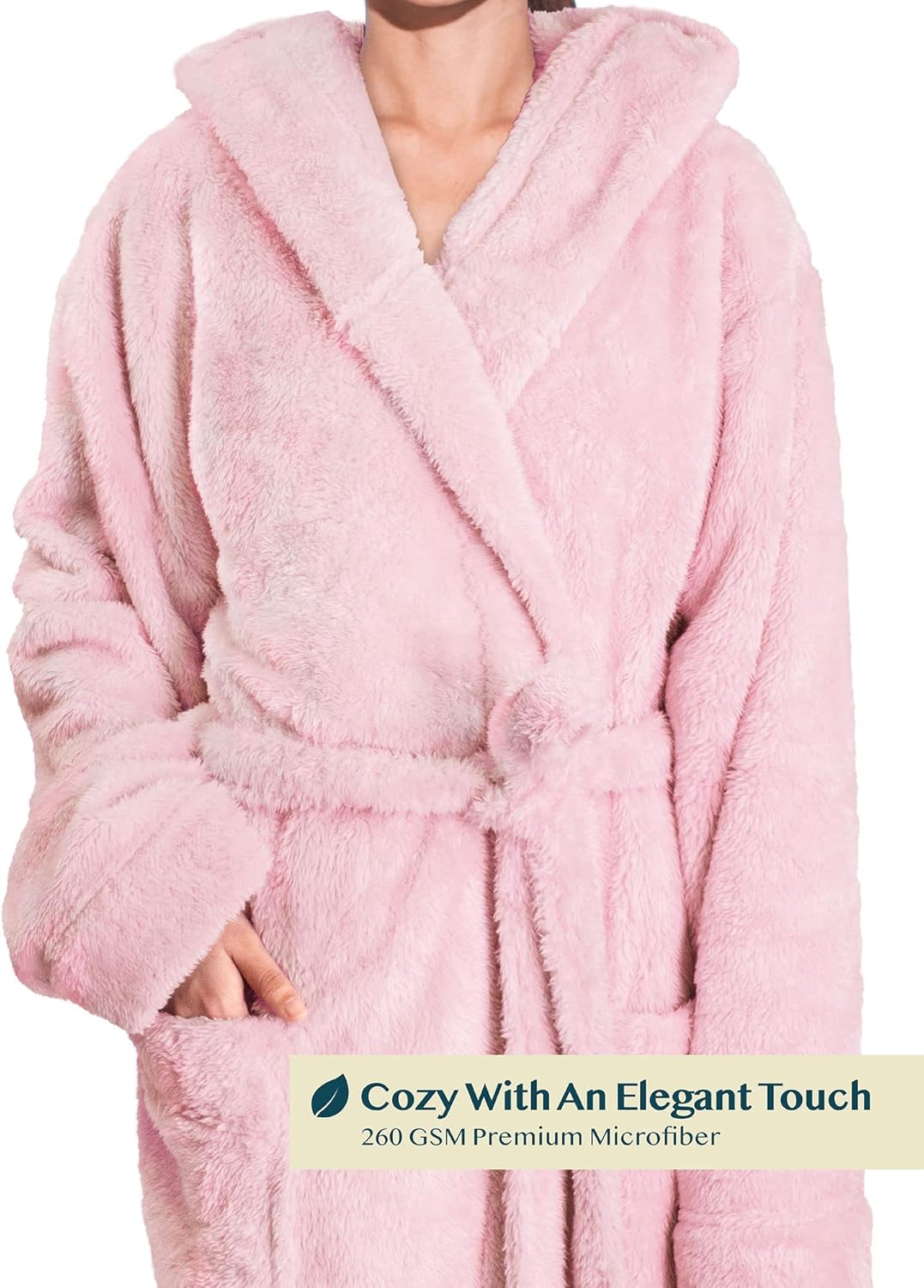 PAVILIA Women's Hooded Sherpa Fleece Robe, Long Plush Bathrobe with Pockets and Belt Tie