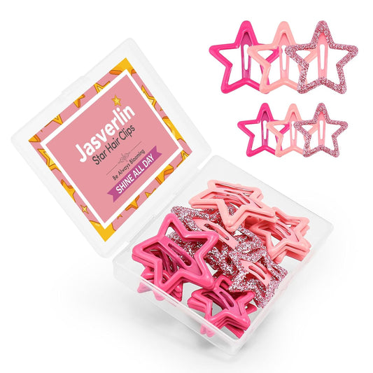 JASVERLIN 36 Pcs Star Snap Hair Clips, Y2k Colorful Cute Barrettes for Women Girls, Thick Fine Non-Slip Hairclips Accessories Glitter Kawaii Rave Assorted Size Style (Pink)